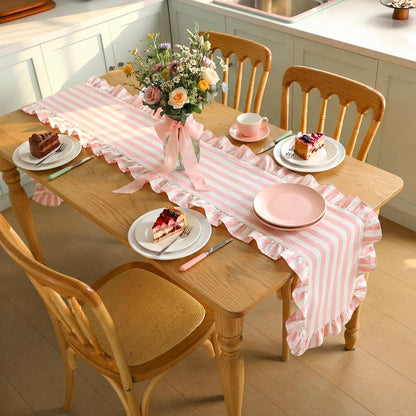 Pink and White Stripe Ruffle Table Runner, 100% Cotton 13"x72"