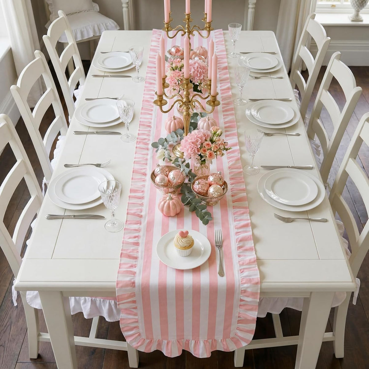 Pink and White Stripe Ruffle Table Runner, 100% Cotton 13"x72"