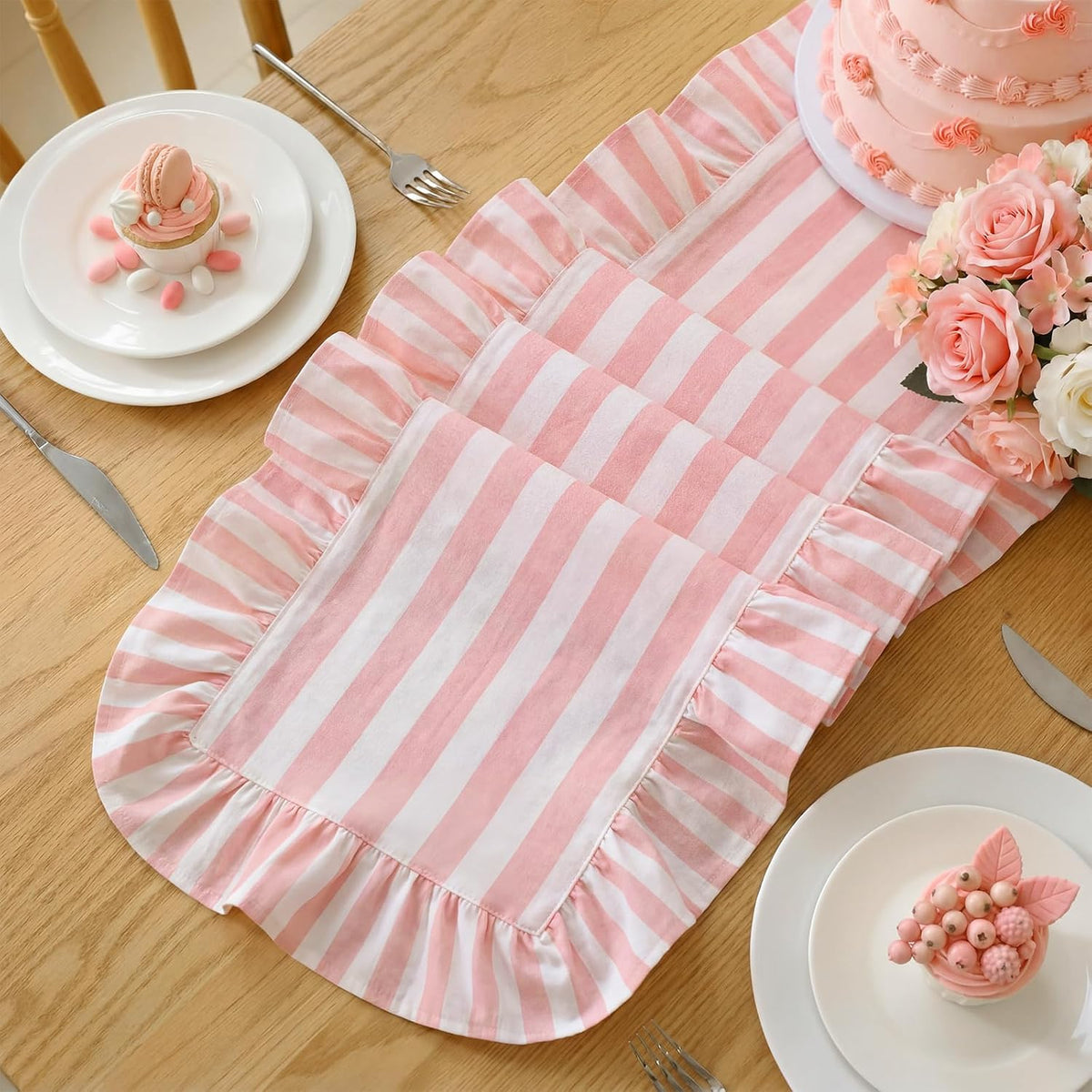 Pink and White Stripe Ruffle Table Runner, 100% Cotton 13"x72"