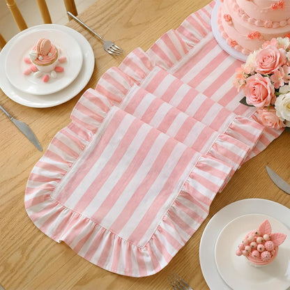 Pink and White Stripe Ruffle Table Runner, 100% Cotton 13"x72"