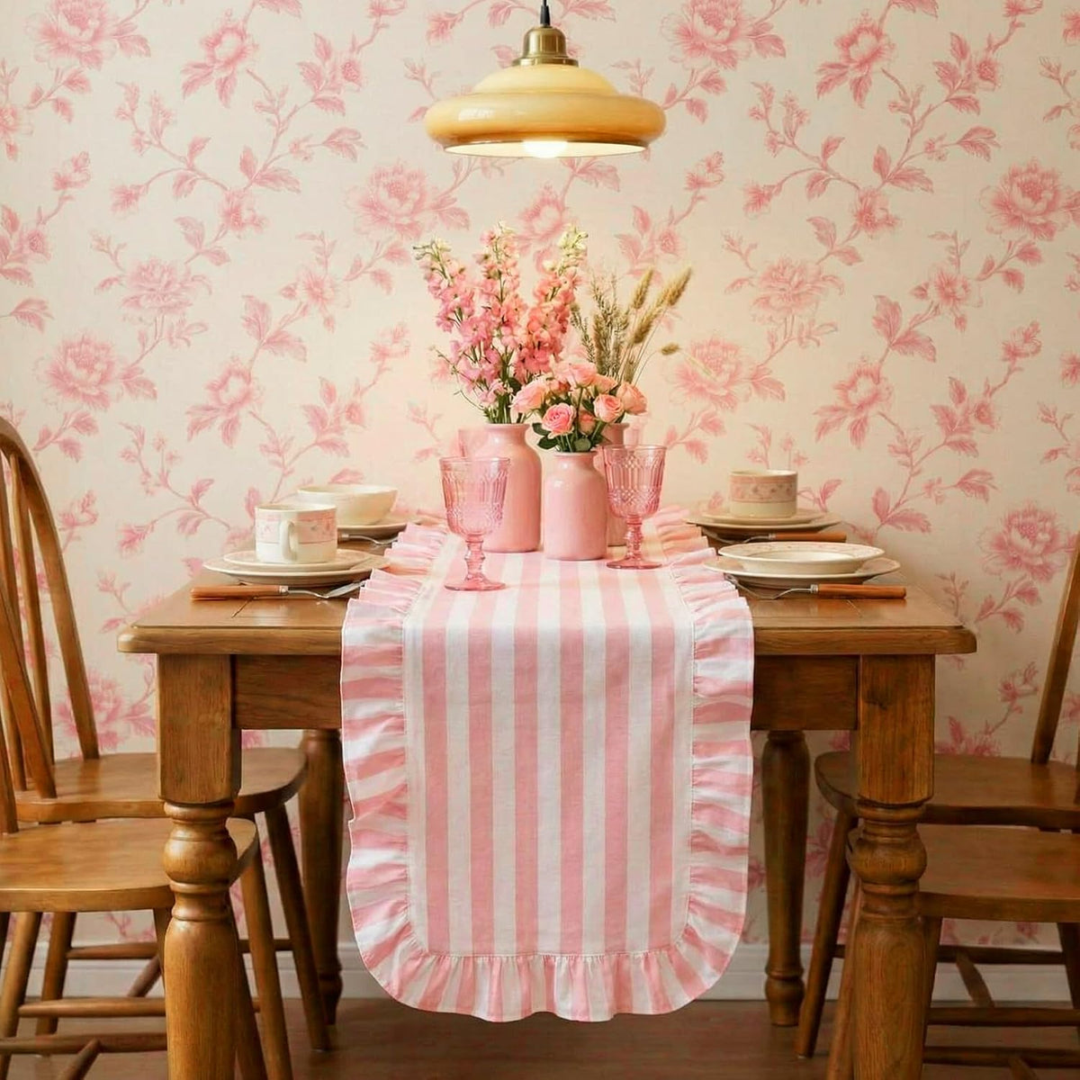 Pink and White Stripe Ruffle Table Runner, 100% Cotton 13"x72"