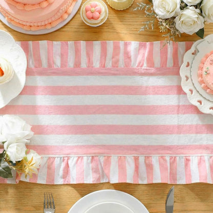 Pink and White Stripe Ruffle Table Runner, 100% Cotton 13"x72"