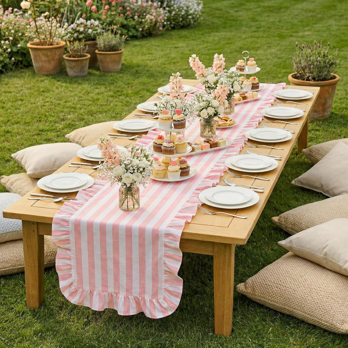 Pink and White Stripe Ruffle Table Runner, 100% Cotton 13"x72"