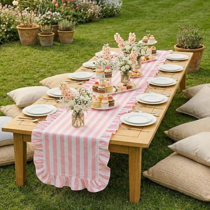 Pink and White Stripe Ruffle Table Runner, 100% Cotton 13"x72"