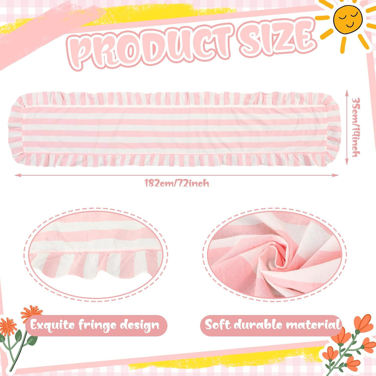 Pink and White Stripe Ruffle Table Runner, 100% Cotton 13"x72"