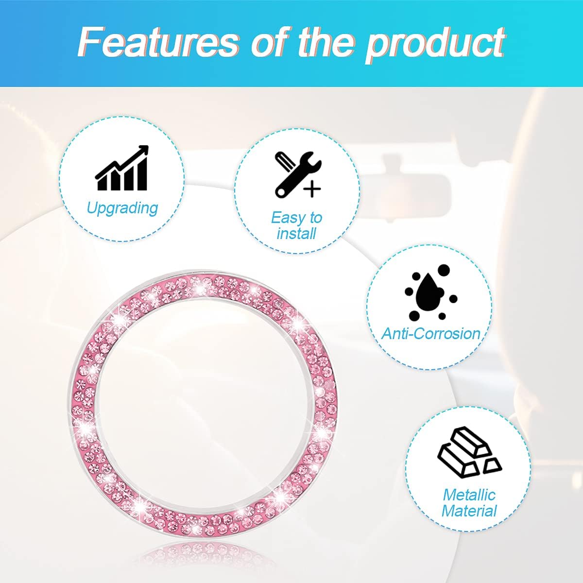 2PCS Zinc Alloy Rhinestone Engine Start Button Rings, Pink