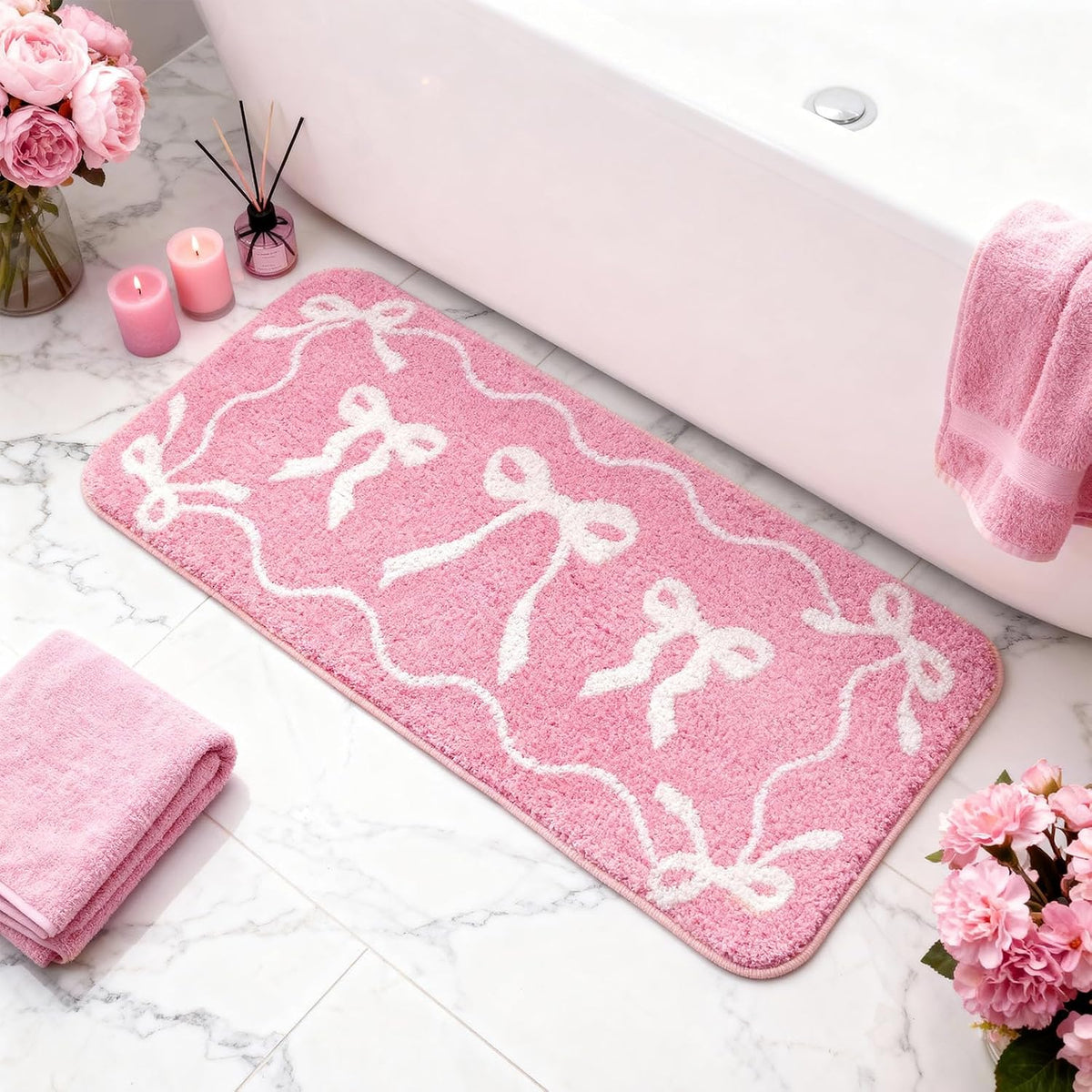 Bow Bath Mat Bow Bedroom Rug Cute Large Non Slip Super Soft Absorbent Bathroom Rug Washable for Bedroom Bathroom Floor Tub Shower Home Decor Accessories (Pink,15.8 x 46.9 Inch)