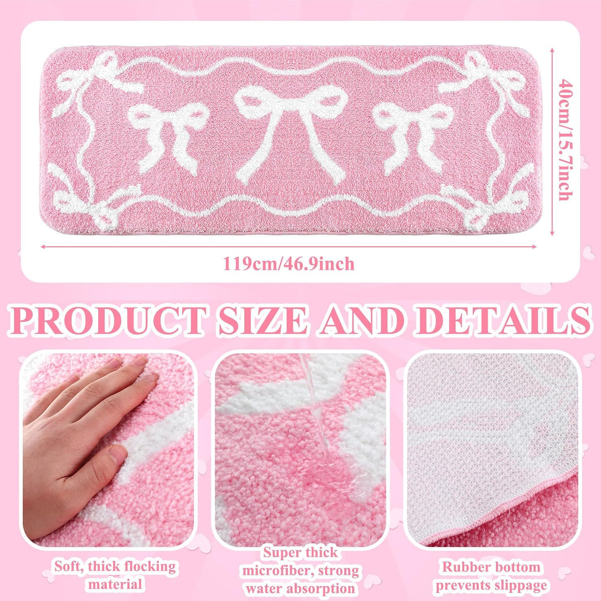 Bow Bath Mat Bow Bedroom Rug Cute Large Non Slip Super Soft Absorbent Bathroom Rug Washable for Bedroom Bathroom Floor Tub Shower Home Decor Accessories (Pink,15.8 x 46.9 Inch)