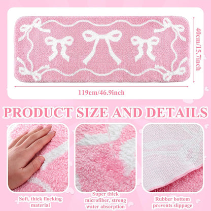 Bow Bath Mat Bow Bedroom Rug Cute Large Non Slip Super Soft Absorbent Bathroom Rug Washable for Bedroom Bathroom Floor Tub Shower Home Decor Accessories (Pink,15.8 x 46.9 Inch)