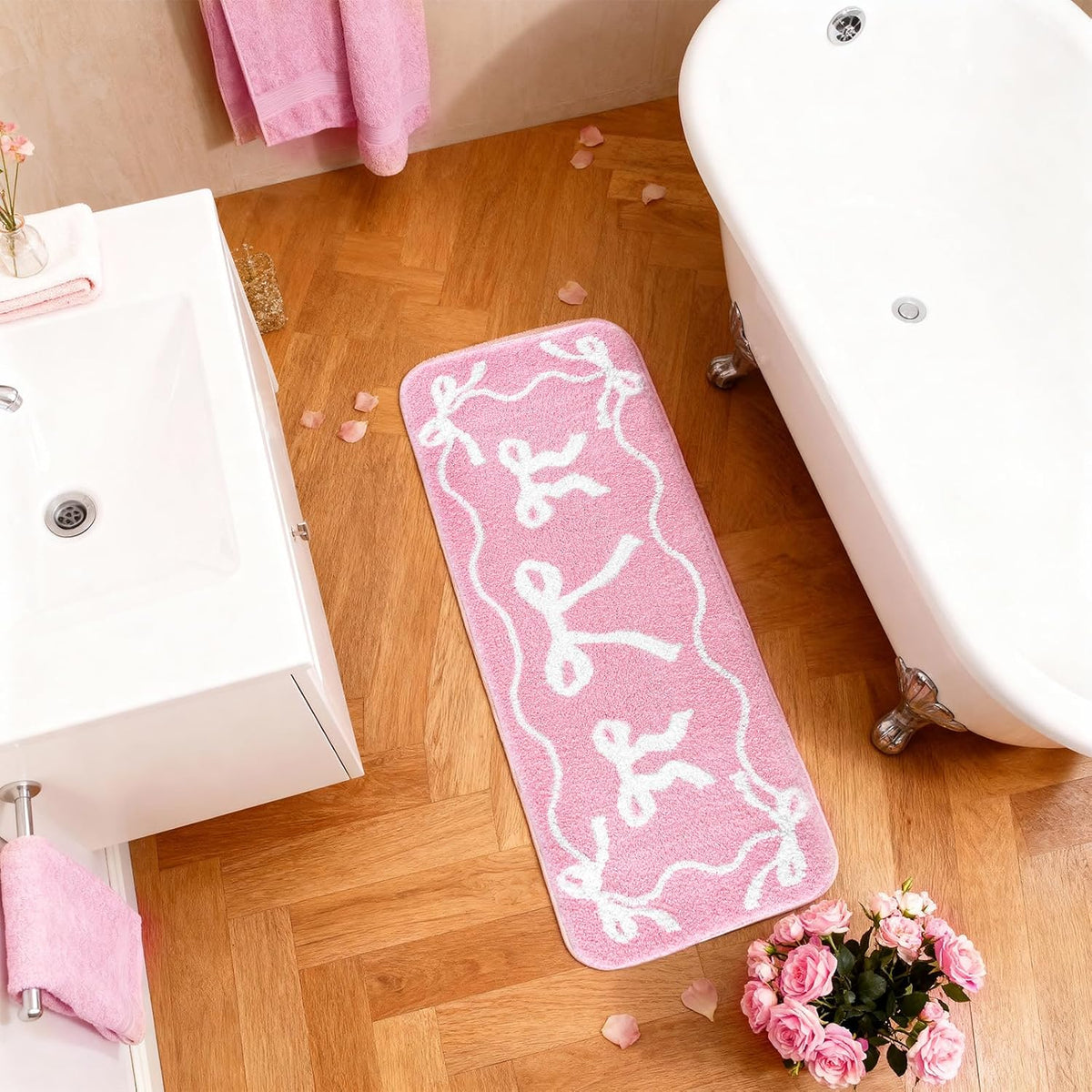 Bow Bath Mat Bow Bedroom Rug Cute Large Non Slip Super Soft Absorbent Bathroom Rug Washable for Bedroom Bathroom Floor Tub Shower Home Decor Accessories (Pink,15.8 x 46.9 Inch)