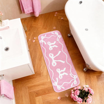 Bow Bath Mat Bow Bedroom Rug Cute Large Non Slip Super Soft Absorbent Bathroom Rug Washable for Bedroom Bathroom Floor Tub Shower Home Decor Accessories (Pink,15.8 x 46.9 Inch)