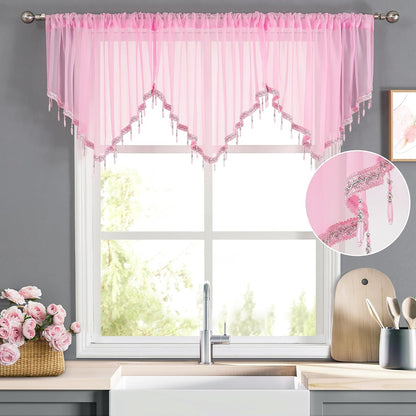 Pink Sheer Valance Curtains 3 Pcs for Bathroom Windows, Rod Pocket Beaded Trim Tassel Semi Sheer Voile Window Valance Room Decor Kitchen Curtains for Grils Bedroom Cafe, Each W51 x L24 Inch