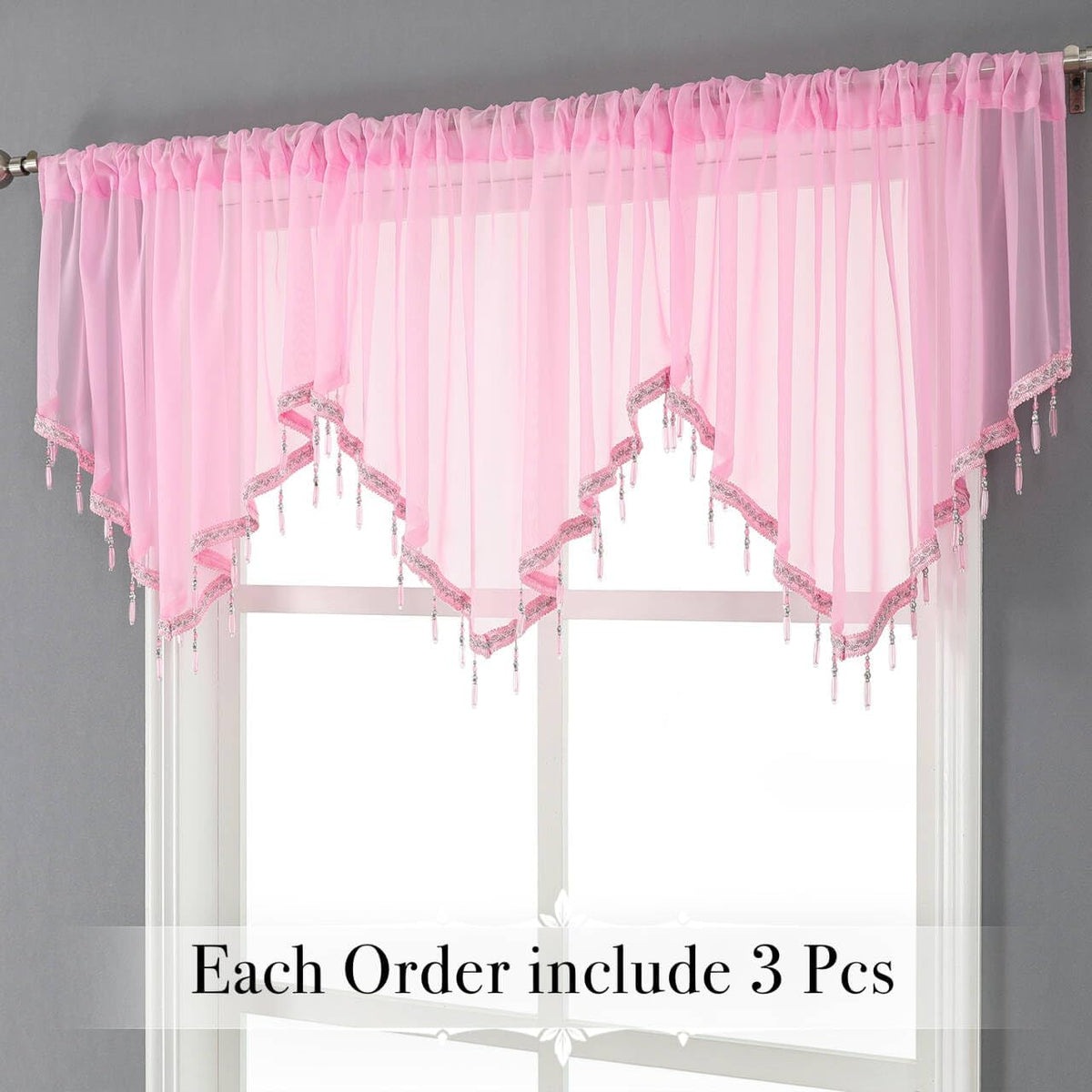 Pink Sheer Valance Curtains 3 Pcs for Bathroom Windows, Rod Pocket Beaded Trim Tassel Semi Sheer Voile Window Valance Room Decor Kitchen Curtains for Grils Bedroom Cafe, Each W51 x L24 Inch