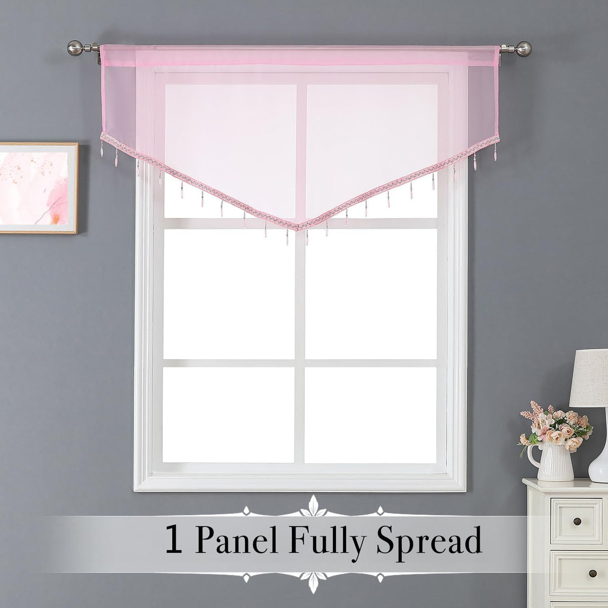 Pink Sheer Valance Curtains 3 Pcs for Bathroom Windows, Rod Pocket Beaded Trim Tassel Semi Sheer Voile Window Valance Room Decor Kitchen Curtains for Grils Bedroom Cafe, Each W51 x L24 Inch