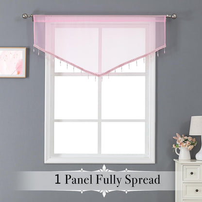 Pink Sheer Valance Curtains 3 Pcs for Bathroom Windows, Rod Pocket Beaded Trim Tassel Semi Sheer Voile Window Valance Room Decor Kitchen Curtains for Grils Bedroom Cafe, Each W51 x L24 Inch
