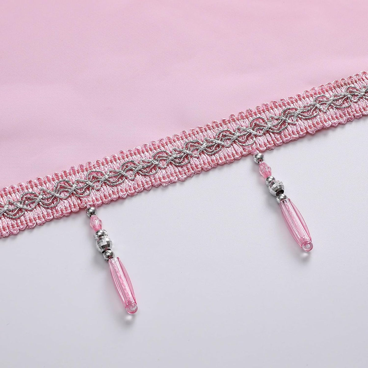Pink Sheer Valance Curtains 3 Pcs for Bathroom Windows, Rod Pocket Beaded Trim Tassel Semi Sheer Voile Window Valance Room Decor Kitchen Curtains for Grils Bedroom Cafe, Each W51 x L24 Inch