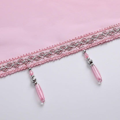 Pink Sheer Valance Curtains 3 Pcs for Bathroom Windows, Rod Pocket Beaded Trim Tassel Semi Sheer Voile Window Valance Room Decor Kitchen Curtains for Grils Bedroom Cafe, Each W51 x L24 Inch