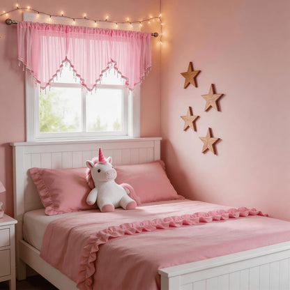 Pink Sheer Valance Curtains 3 Pcs for Bathroom Windows, Rod Pocket Beaded Trim Tassel Semi Sheer Voile Window Valance Room Decor Kitchen Curtains for Grils Bedroom Cafe, Each W51 x L24 Inch