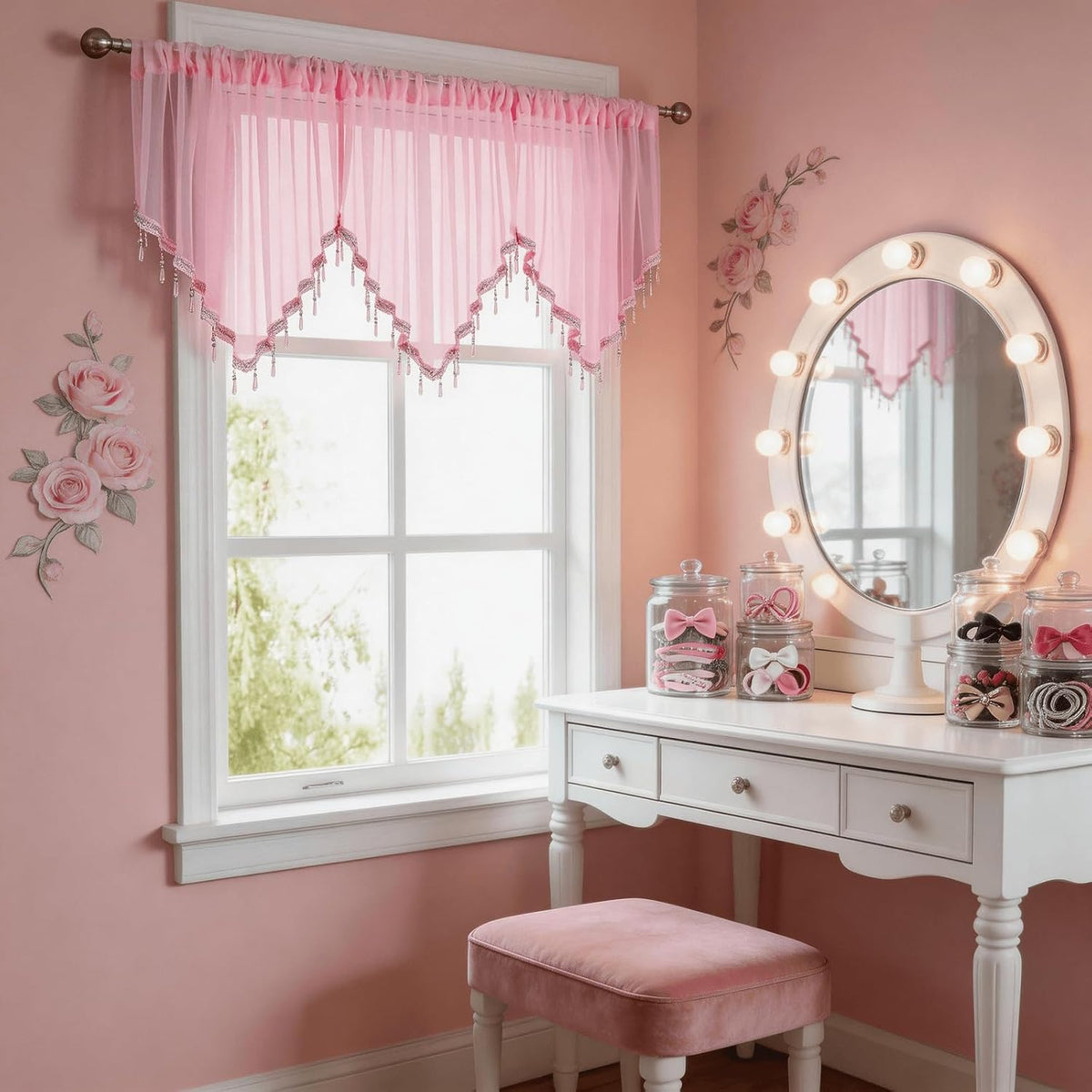Pink Sheer Valance Curtains 3 Pcs for Bathroom Windows, Rod Pocket Beaded Trim Tassel Semi Sheer Voile Window Valance Room Decor Kitchen Curtains for Grils Bedroom Cafe, Each W51 x L24 Inch