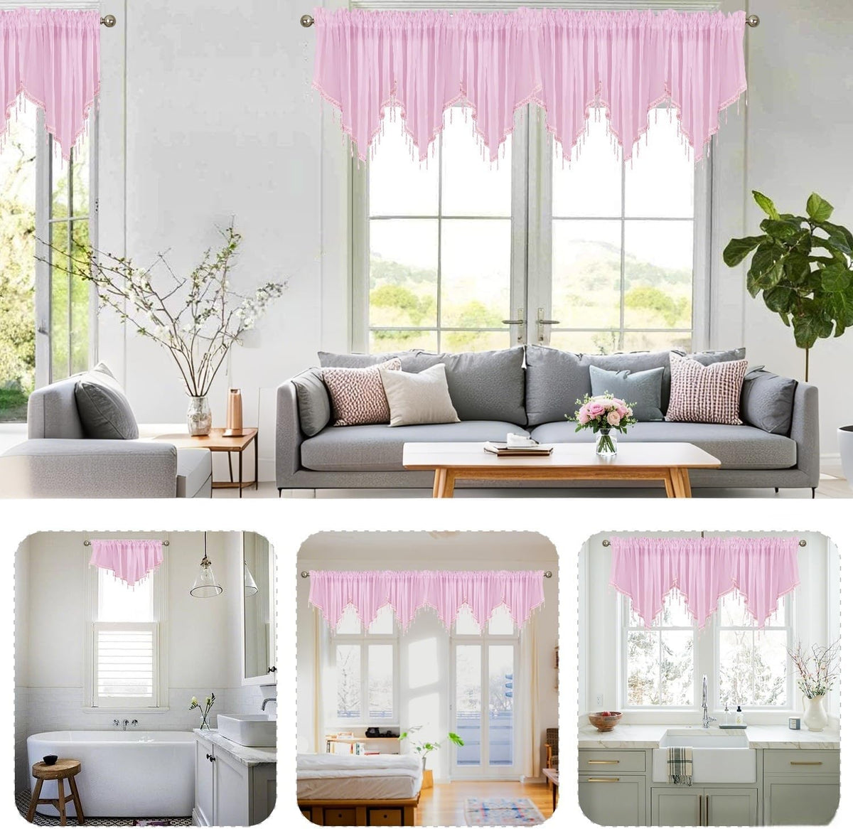 Pink Sheer Valance Curtains 3 Pcs for Bathroom Windows, Rod Pocket Beaded Trim Tassel Semi Sheer Voile Window Valance Room Decor Kitchen Curtains for Grils Bedroom Cafe, Each W51 x L24 Inch
