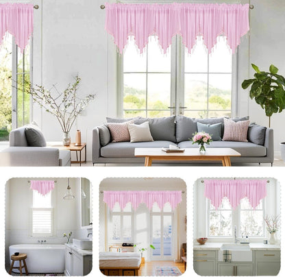 Pink Sheer Valance Curtains 3 Pcs for Bathroom Windows, Rod Pocket Beaded Trim Tassel Semi Sheer Voile Window Valance Room Decor Kitchen Curtains for Grils Bedroom Cafe, Each W51 x L24 Inch