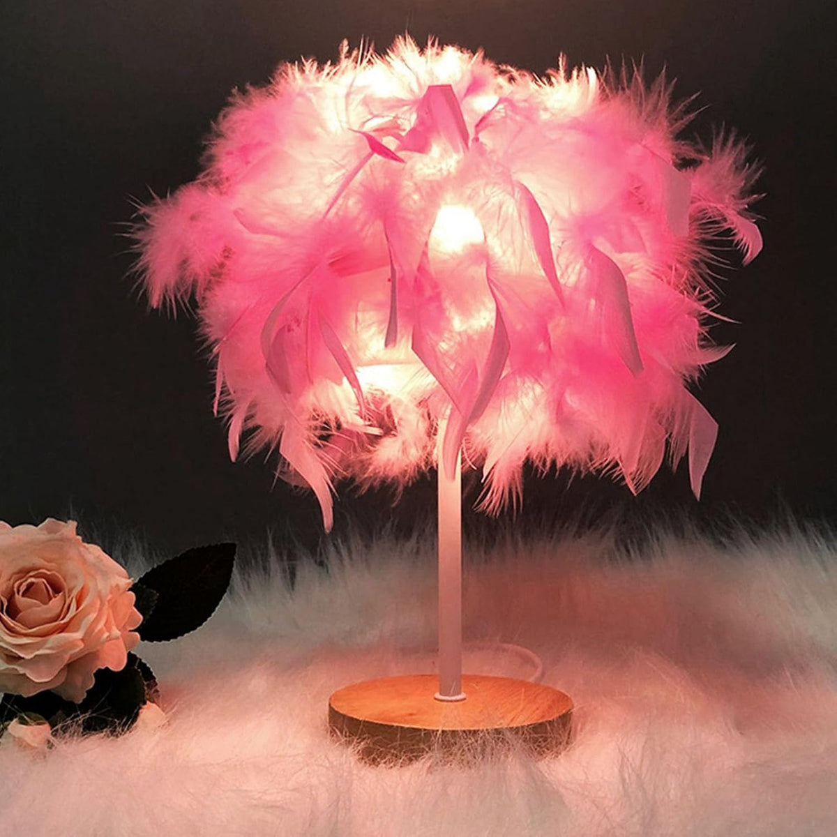 Feather Table Lamp Bedside Lamp Night Light, Light Luxury Feather Table Night Light LED Night Lamp Atmosphere Light for Bedroom Living Room Party Wedding Decoration(Pink)