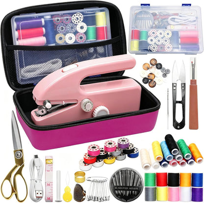 Hand Held Sewing Machine for Adults & Beginners, with Pink Leather Storage Case and 112 PCS Sewing Kit, Portable Mini Hand Sewing Machine, Assorted Needles, Threads, Heavy Duty Scissors