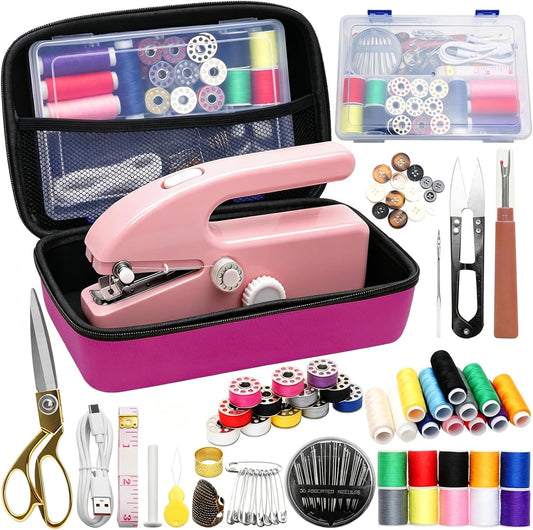 Hand Held Sewing Machine for Adults & Beginners, with Pink Leather Storage Case and 112 PCS Sewing Kit, Portable Mini Hand Sewing Machine, Assorted Needles, Threads, Heavy Duty Scissors