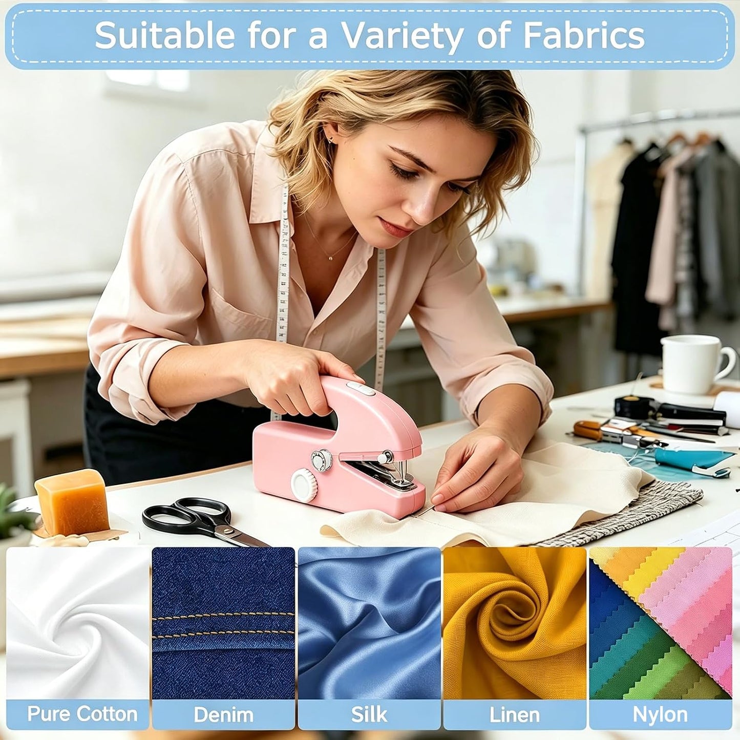 Hand Held Sewing Machine for Adults & Beginners, with Pink Leather Storage Case and 112 PCS Sewing Kit, Portable Mini Hand Sewing Machine, Assorted Needles, Threads, Heavy Duty Scissors