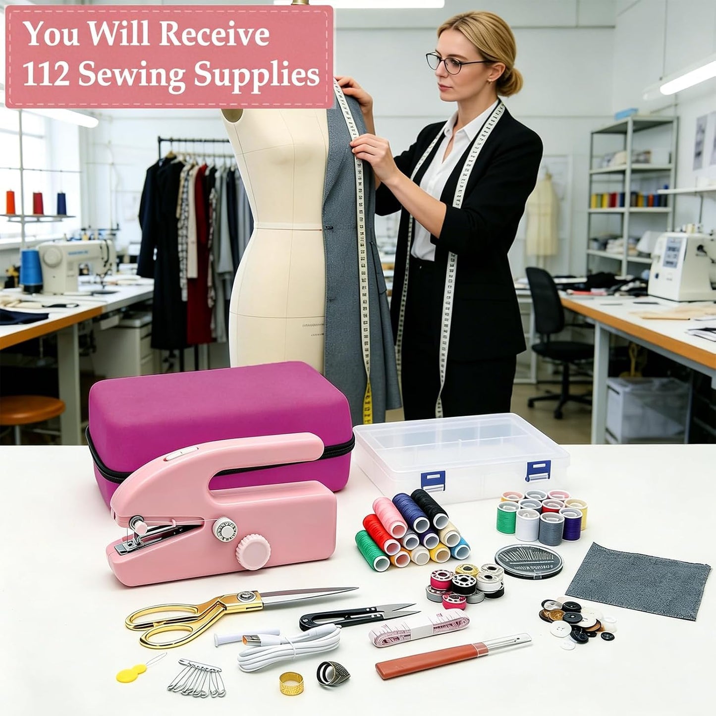 Hand Held Sewing Machine for Adults & Beginners, with Pink Leather Storage Case and 112 PCS Sewing Kit, Portable Mini Hand Sewing Machine, Assorted Needles, Threads, Heavy Duty Scissors