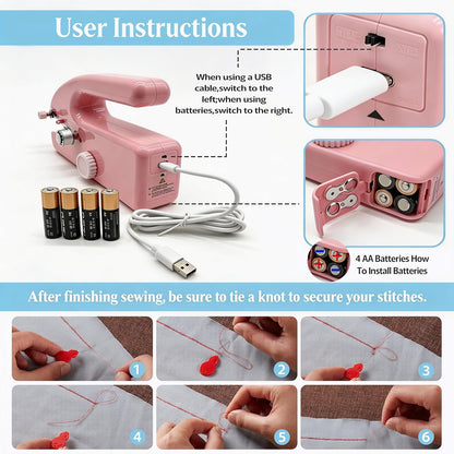 Hand Held Sewing Machine for Adults & Beginners, with Pink Leather Storage Case and 112 PCS Sewing Kit, Portable Mini Hand Sewing Machine, Assorted Needles, Threads, Heavy Duty Scissors
