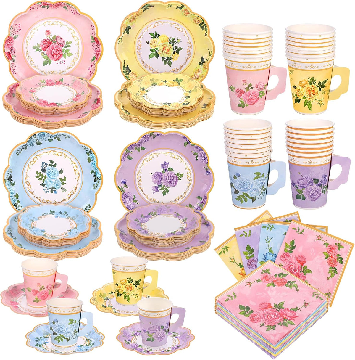 96 Piece Floral Paper Tea Cups and Saucers 9 Oz Teacup with Handle 9 Inch and 7 Inch Paper Plate Napkin Disposable Tea Party Supplies Serve 24 for Wedding Birthday, Pink, Blue, Yellow, Purple