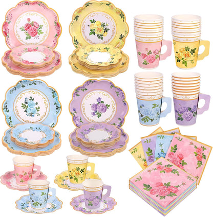 96 Piece Floral Paper Tea Cups and Saucers 9 Oz Teacup with Handle 9 Inch and 7 Inch Paper Plate Napkin Disposable Tea Party Supplies Serve 24 for Wedding Birthday, Pink, Blue, Yellow, Purple