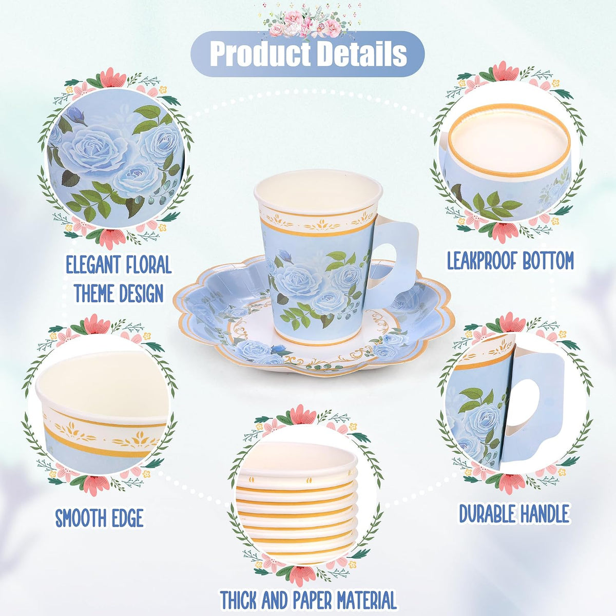 96 Piece Floral Paper Tea Cups and Saucers 9 Oz Teacup with Handle 9 Inch and 7 Inch Paper Plate Napkin Disposable Tea Party Supplies Serve 24 for Wedding Birthday, Pink, Blue, Yellow, Purple