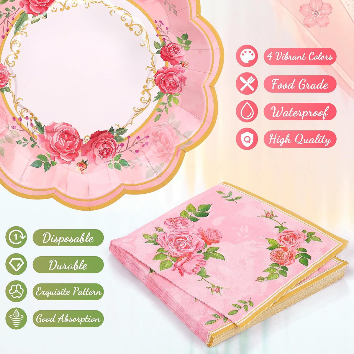 96 Piece Floral Paper Tea Cups and Saucers 9 Oz Teacup with Handle 9 Inch and 7 Inch Paper Plate Napkin Disposable Tea Party Supplies Serve 24 for Wedding Birthday, Pink, Blue, Yellow, Purple