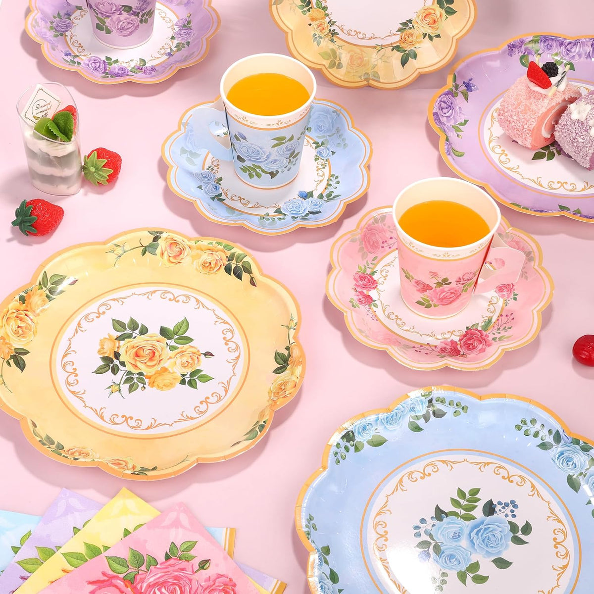 96 Piece Floral Paper Tea Cups and Saucers 9 Oz Teacup with Handle 9 Inch and 7 Inch Paper Plate Napkin Disposable Tea Party Supplies Serve 24 for Wedding Birthday, Pink, Blue, Yellow, Purple