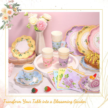 96 Piece Floral Paper Tea Cups and Saucers 9 Oz Teacup with Handle 9 Inch and 7 Inch Paper Plate Napkin Disposable Tea Party Supplies Serve 24 for Wedding Birthday, Pink, Blue, Yellow, Purple
