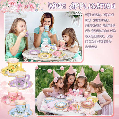 96 Piece Floral Paper Tea Cups and Saucers 9 Oz Teacup with Handle 9 Inch and 7 Inch Paper Plate Napkin Disposable Tea Party Supplies Serve 24 for Wedding Birthday, Pink, Blue, Yellow, Purple