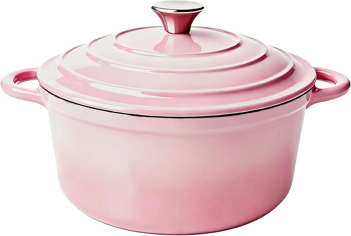 Enameled Cast Iron Dutch Oven 4.5QT with Lid & Heat Resistant Gloves Heavy-Duty Cookware for Roasting, Baking, Sauteing and Bread Making Pink