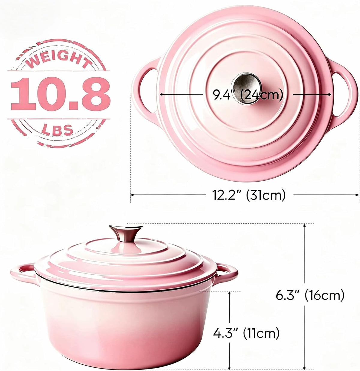 Enameled Cast Iron Dutch Oven 4.5QT with Lid & Heat Resistant Gloves Heavy-Duty Cookware for Roasting, Baking, Sauteing and Bread Making Pink