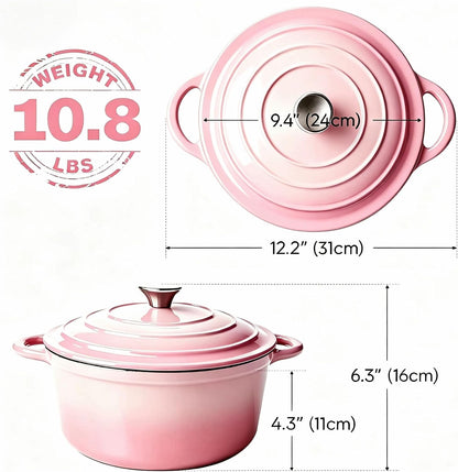 Enameled Cast Iron Dutch Oven 4.5QT with Lid & Heat Resistant Gloves Heavy-Duty Cookware for Roasting, Baking, Sauteing and Bread Making Pink