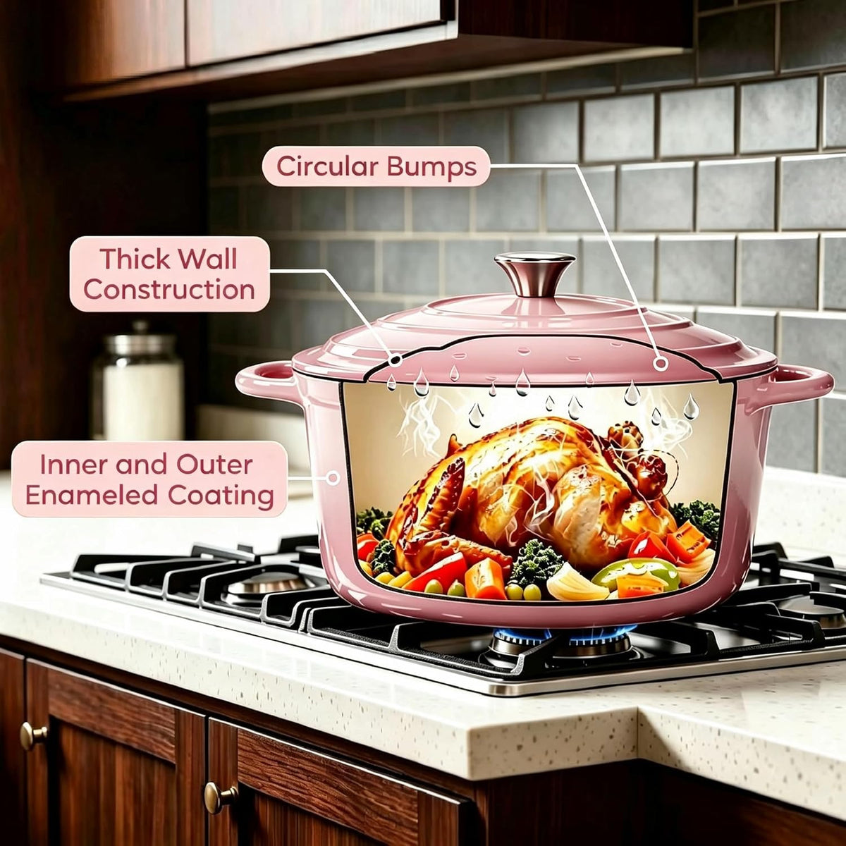 Enameled Cast Iron Dutch Oven 4.5QT with Lid & Heat Resistant Gloves Heavy-Duty Cookware for Roasting, Baking, Sauteing and Bread Making Pink