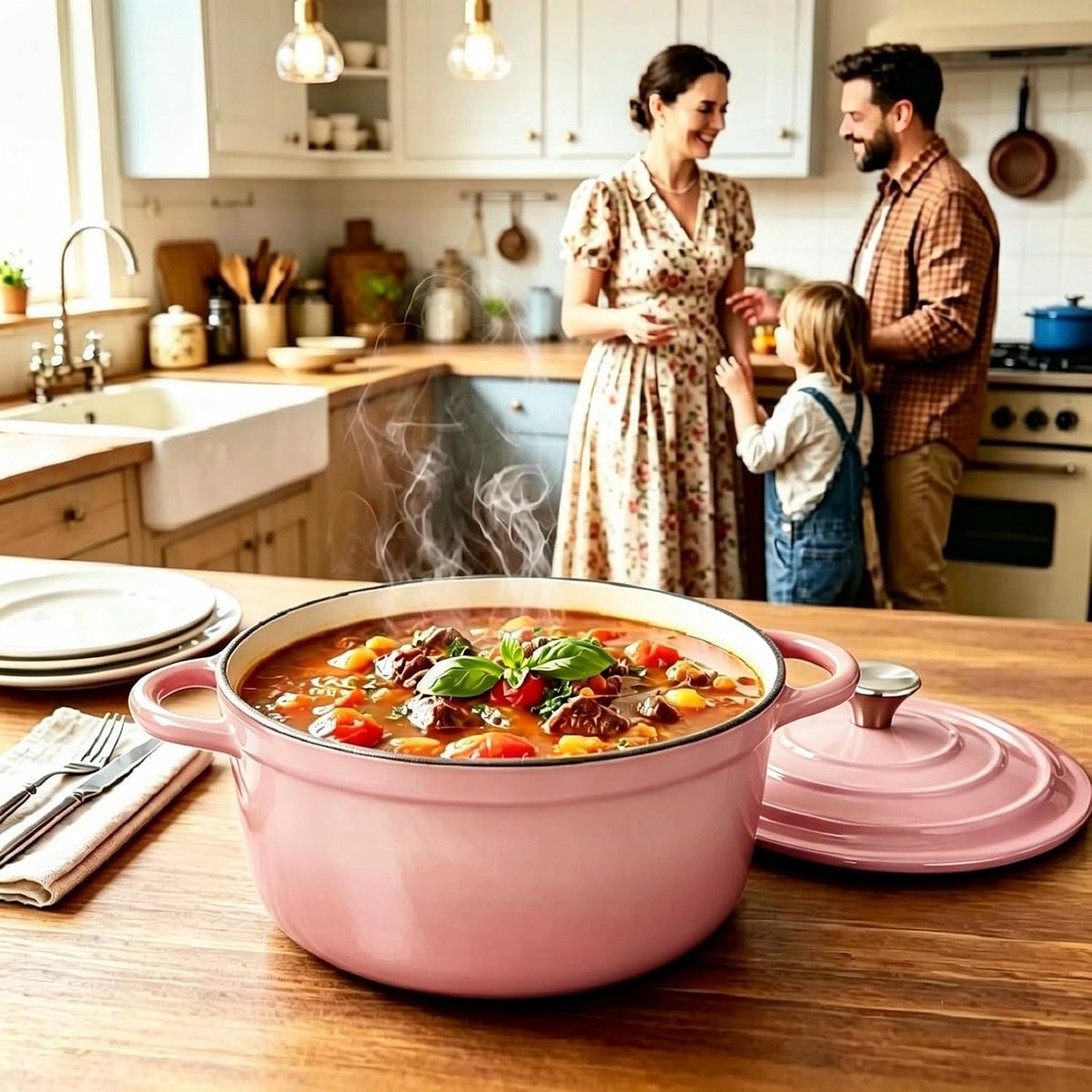 Enameled Cast Iron Dutch Oven 4.5QT with Lid & Heat Resistant Gloves Heavy-Duty Cookware for Roasting, Baking, Sauteing and Bread Making Pink