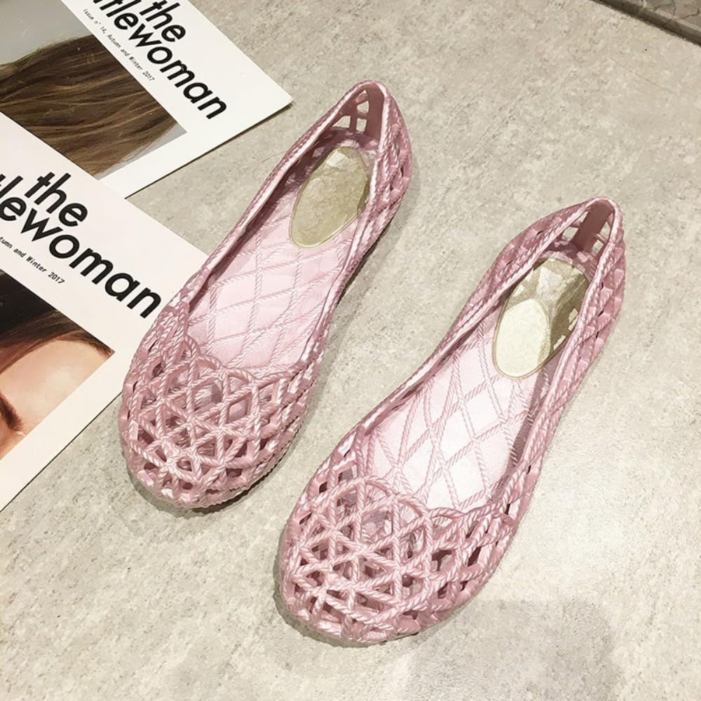 Jelly Mesh Ballet Flats for Women Clear Jelly Sandals Hollow Water Slides Slip on House Slippers Wide Width Lightweight Breathable No Slip Dressy Ballerina Shoes Summer Beach Party Cruise Vacation