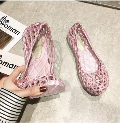 Jelly Mesh Ballet Flats for Women Clear Jelly Sandals Hollow Water Slides Slip on House Slippers Wide Width Lightweight Breathable No Slip Dressy Ballerina Shoes Summer Beach Party Cruise Vacation