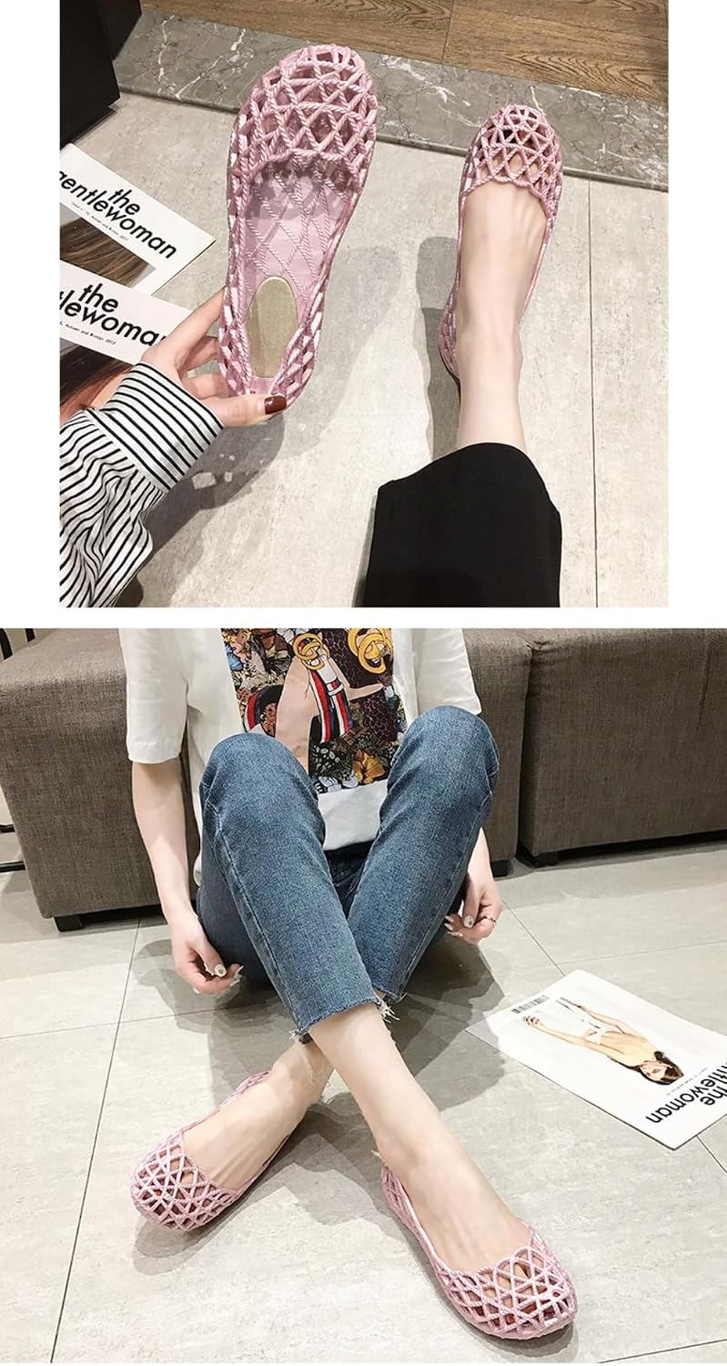 Jelly Mesh Ballet Flats for Women Clear Jelly Sandals Hollow Water Slides Slip on House Slippers Wide Width Lightweight Breathable No Slip Dressy Ballerina Shoes Summer Beach Party Cruise Vacation