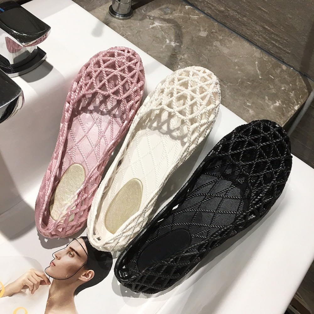 Jelly Mesh Ballet Flats for Women Clear Jelly Sandals Hollow Water Slides Slip on House Slippers Wide Width Lightweight Breathable No Slip Dressy Ballerina Shoes Summer Beach Party Cruise Vacation