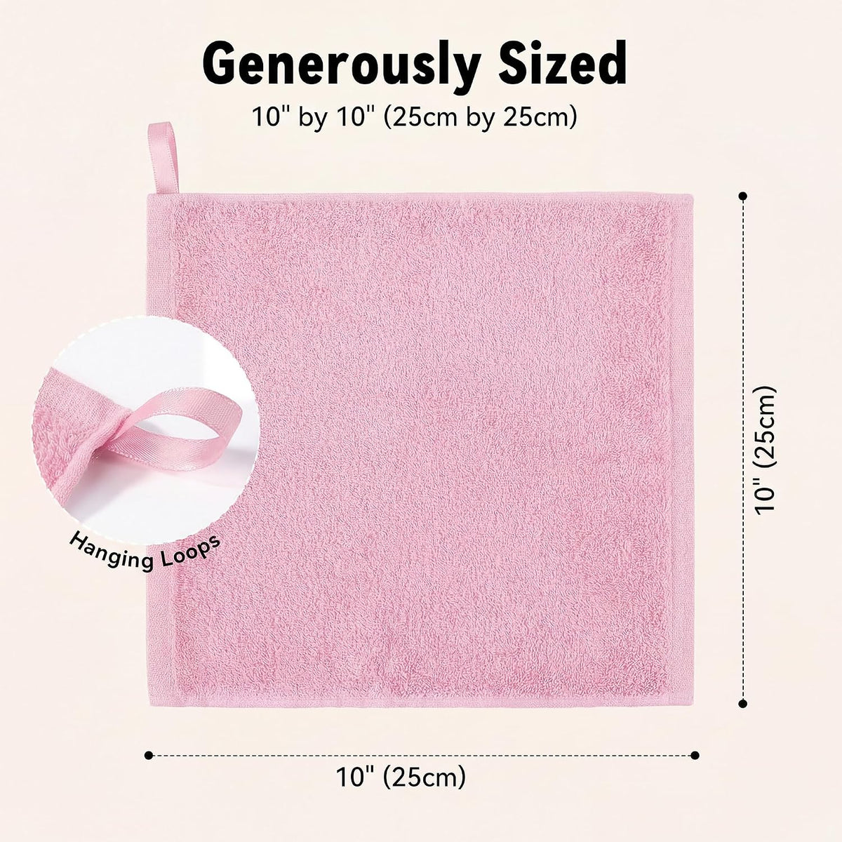 Washcloths Towel Set 10 Pack Baby Rayon Derived from Bamboo Wash Cloth for Bathroom-Hotel-Spa-Kitchen Multi-Purpose Fingertip Towels and Face Cloths 10'' x 10'' - Pink