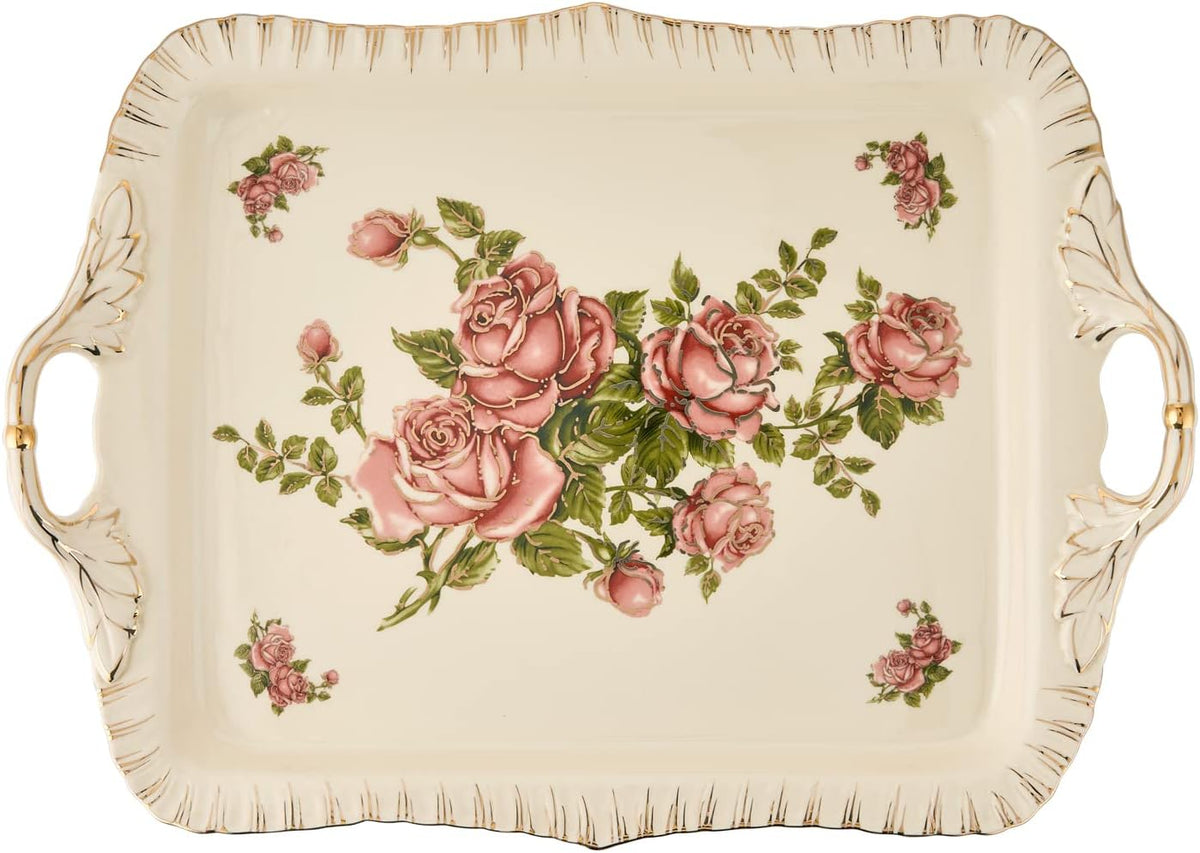 Ceramic Serving Tray, Pink Rose 15 X 11 inch