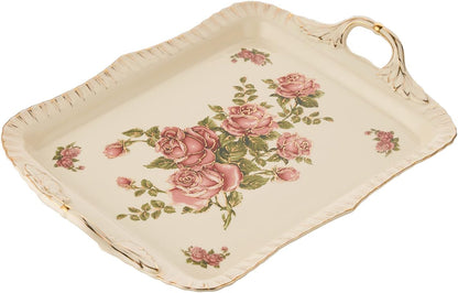 Ceramic Serving Tray, Pink Rose 15 X 11 inch